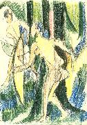 Ernst Ludwig Kirchner Arching girls in the wood - Crayons and pencil painting